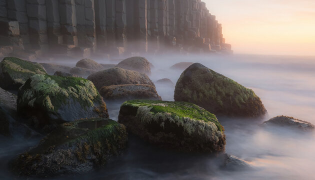 Majestic coastal landscape featuring hexagonal basalt column cliffs and moss-covered rocks emerging from a thick layer of ethereal morning mist at sunrise with soft golden lighting.