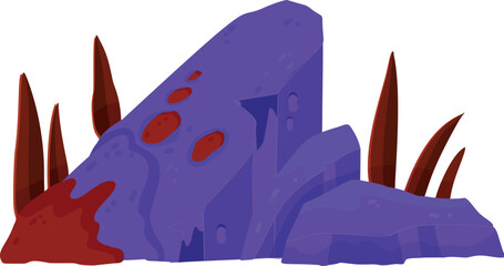 Purple alien planet rock formation with red spots isolated on transparent background © Barca
