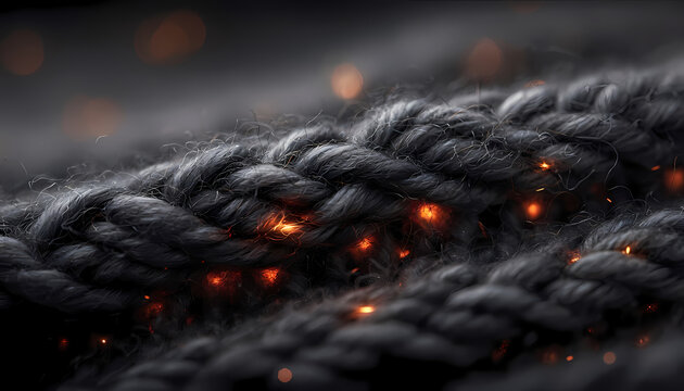 Macro shot of a thick braided rope with glowing orange embers and fiery sparks embedded in dark fibers, conceptual illustration of tension and inner strength with bokeh background.