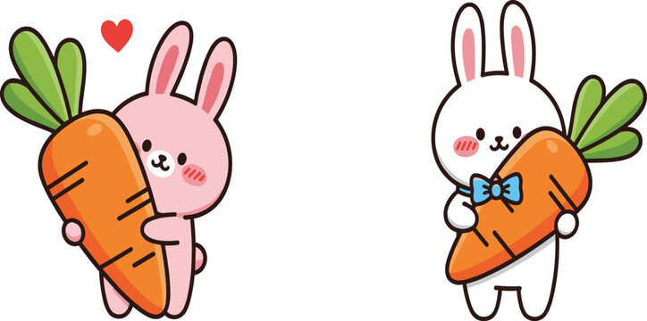 Cute bunny characters hugging carrot with love expression, adorable rabbit cartoon illustration for kids design, Easter themes, nursery decor and sweet animal clipart set