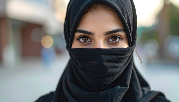 A woman wearing a black hijab and niqab looks directly at the camera
