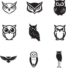 Fototapeta premium Owl icon set with nocturnal bird shapes, clean vector symbols, minimal wildlife illustration pack.