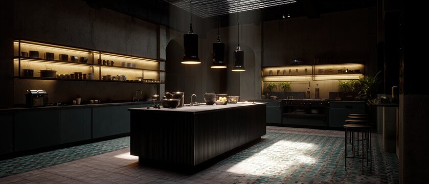 Sleek Kitchen Interior: Modern kitchen interior, dark cabinets with soft, warm illumination, reflecting contemporary design and functional elegance.