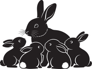 Fototapeta premium Rabbit mother with four bunnies silhouette vector illustration for easter greeting card and domestic pet breeding theme design.