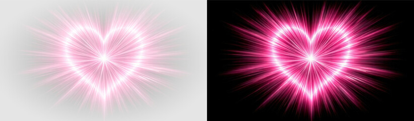 Fototapeta premium Radiant pink heart starburst glow light rays romantic sparkle effect png overlay element, on transparent background