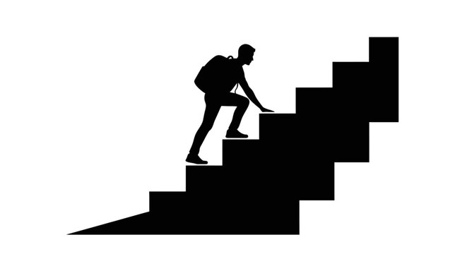 Silhouette of a person with a backpack climbing stairs