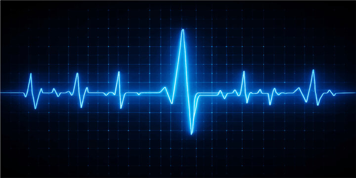 Blue hospital monitor displaying a medical electrocardiogram heart beat graph with a pulsing life line wave for cardiology health healthcare testing