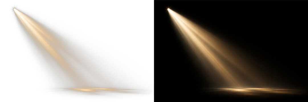 Bright golden light rays beam glow streak directional spotlight effect png overlay element, on transparent background