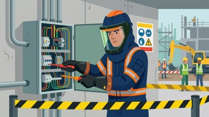 Fototapeta premium Electrical Worker Conducts Safety Checks at Construction Site While Working on Wiring System With Clear Safety Measures in Place