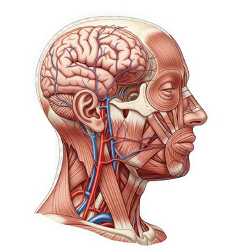 Anatomical illustration of human head muscles blood vessels and brain cross section.