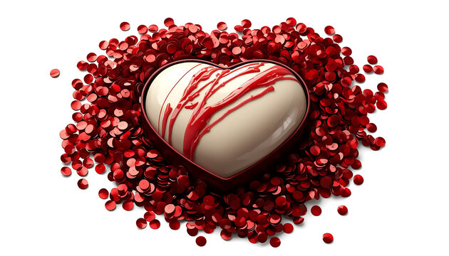A white chocolate heart with red drizzle surrounded by red sequins