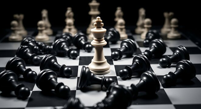 A strategic chess game in progress with a white king standing prominently amidst black pieces on a checkered board, conveying tension and focus.