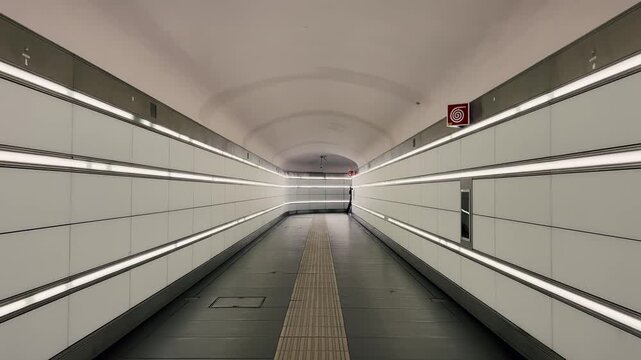 Forward movement pov inside a modern and empty underground passage with symmetrical architecture and long horizontal lights, a concept of solitude, future, and urban exploration
