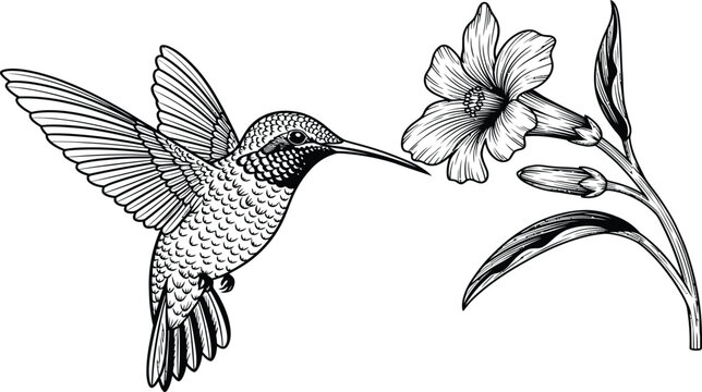 Detailed hummingbird hovering drinking nectar from flower blossom, vintage engraving style black white botanical wildlife nature illustration vector