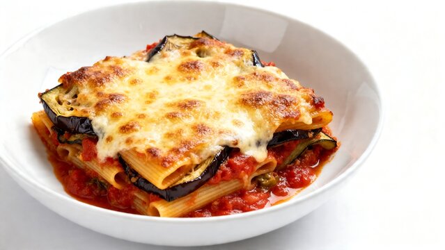 Homemade eggplant parmesan with melted cheese and tomato sauce in white bowl