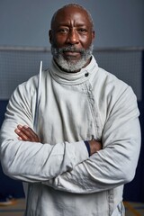 Obraz premium Humorous full body portrait of middle aged Black male fencing coach in generic sportswear