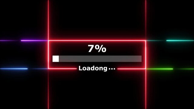 Cyberpunk loading neon bright white color animation. 7 percent number loading icon modern design rectangle from neon light black background 4k video.
