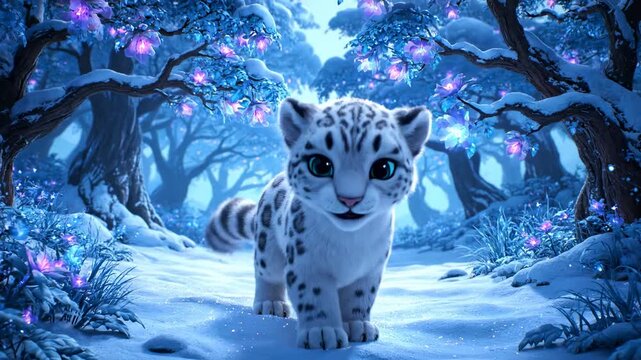 Adorable snow leopard cub in a magical, snow-covered forest, adorned with glowing flowers