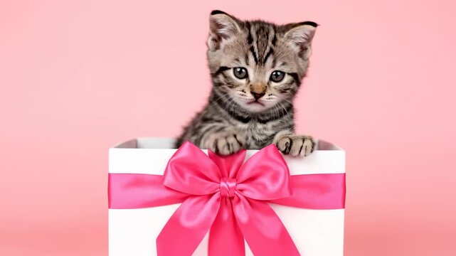 Adorable tabby kitten peeking out of a white box adorned with a vivid pink bow against a pink backdrop
