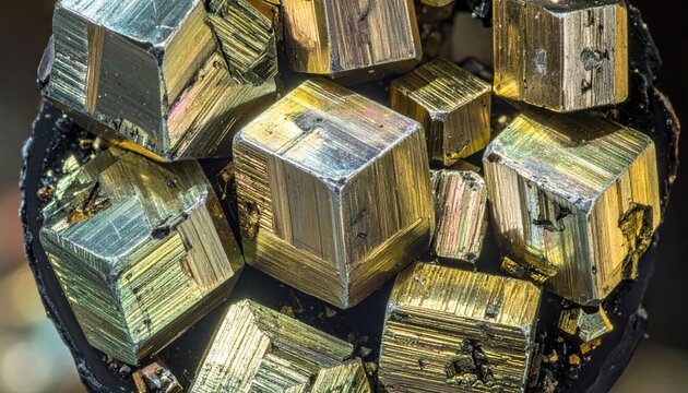 Close-up view of cubic iron pyrite crystals displaying metallic luster and intricate geological formations