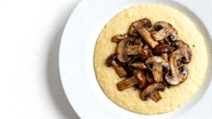 Fototapeta premium Sautéed mushrooms on creamy polenta in white bowl minimalist food styling