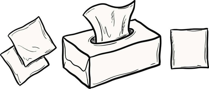 Black and white hand drawn sketch of facial tissue box with loose paper sheets
