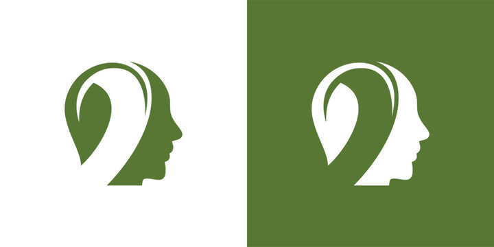 Creative logo design featuring a human head and a leaf shape green color.