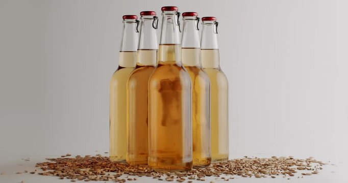 Elegant glass bottles of golden whiskey or bourbon surrounded by barley grains and ears of corn, with the camera smoothly sliding on a clean white background in a detailed close-up