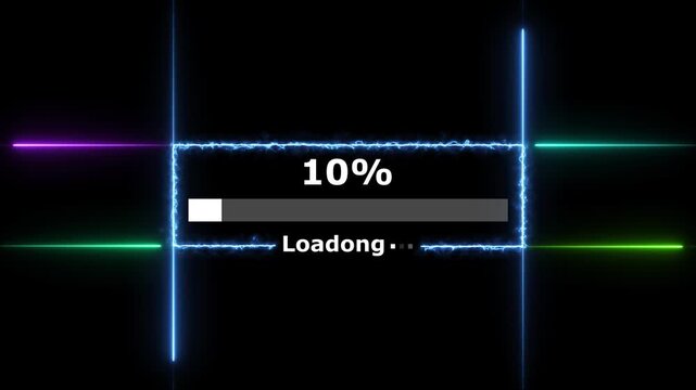 Cyberpunk loading neon bright white color animation. 27 percent number loading icon modern design rectangle from neon light black background 4k video.