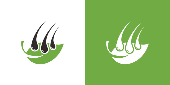 Hair care logo design with green leaf and hair follicles.
