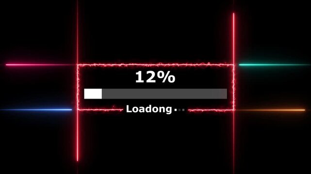 Cyberpunk loading neon bright white color animation. 32 percent number loading icon modern design rectangle from neon light black background 4k video.