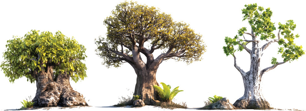 3d model of three different boab trees, isolated on a transparent background