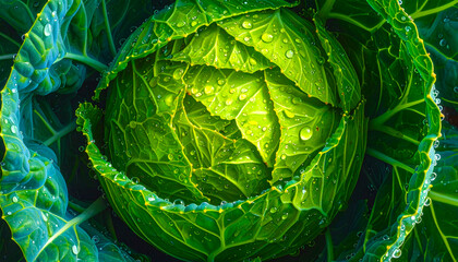 Obraz premium Savoy cabbage head intricate leaf pattern wet