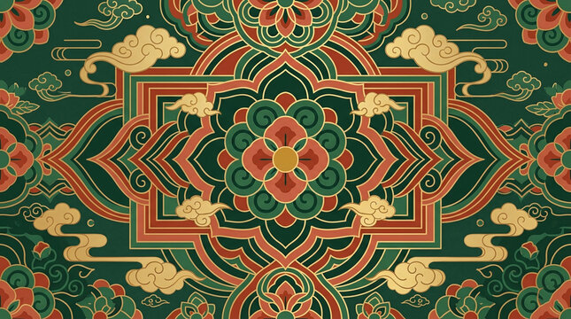 Abstract Korean traditional Dancheong pattern illustration with decorative clouds