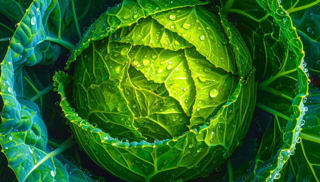 Savoy cabbage head intricate leaf pattern wet