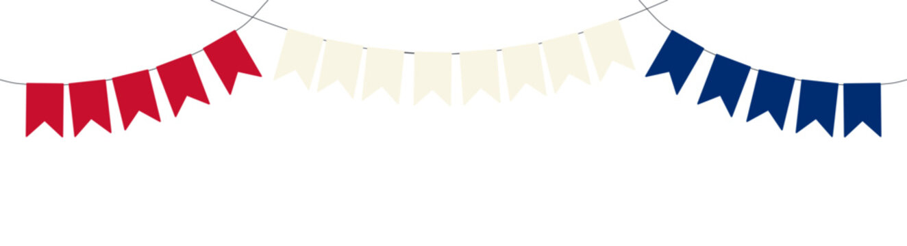 Fourth of July festive blue, red, white bunting, flags illustration. USA Independence Day, July 4th, United States of America holiday banner design element. Flat vector on transparent background