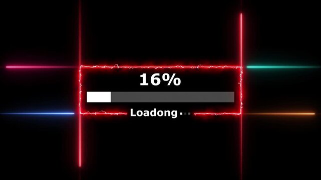 Cyberpunk loading neon bright white color animation. 42 percent number loading icon modern design rectangle from neon light black background 4k video.