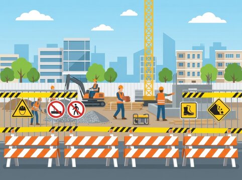 Safety Measures at a Construction Site With Workers, Machinery, and Warning Signs During Daylight Hours in an Urban Area
