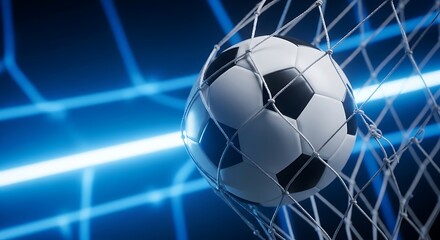 Naklejka premium Soccer ball flying into illuminated goal net with dynamic blue lighting for sports action concept
