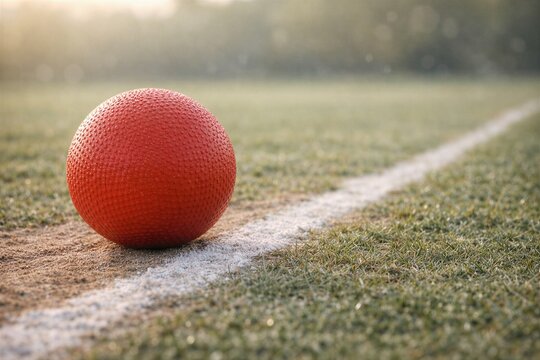 Red Kickball on Grass Field at Sunset