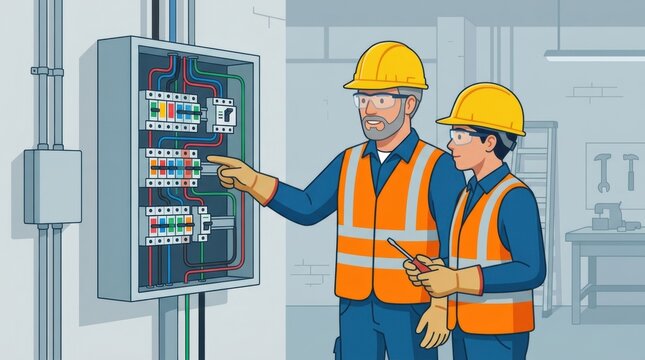 Electrician Instructs Apprentice on Electrical Safety Practices in a Workshop Setting With Circuit Panel Components