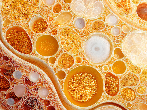 Human bone marrow histology anatomy illustration showing haematopoietic cells megakaryocytes erythroid islands adipocytes and sinusoidal architecture in warm amber gold tones on white background