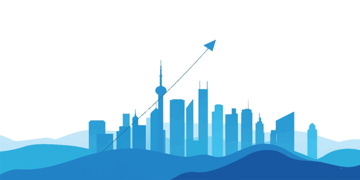 3d business graph charts with a city skyline silhouette over a blue world map illustration showcasing urban skyscrapers and modern office building construction concepts