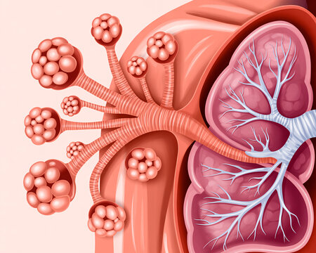An illustration of a human kidney with a detailed view of its internal structure and polycystic kidney disease