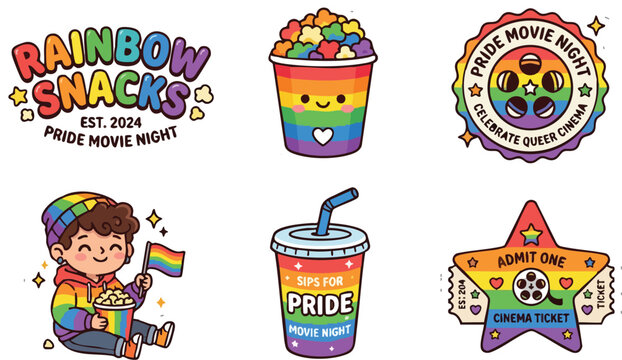 Colorful rainbow snacks pride movie night vector art with popcorn soda cinema ticket and kid