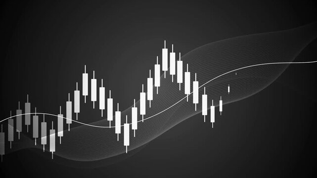 Abstract candlestick trading chart animation, Stylized financial candlestick chart on dark background with flowing wave lines, modern tech aesthetic