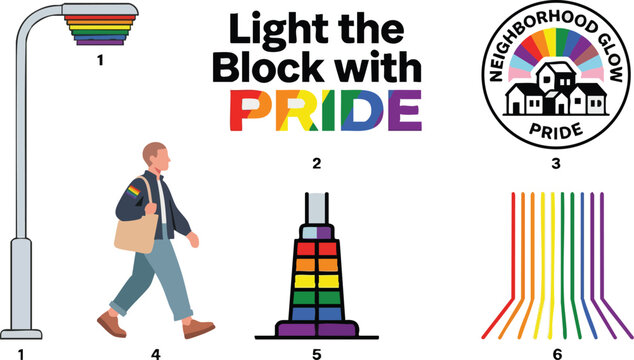 Light the block with pride rainbow colors and person walking with pride flag patch