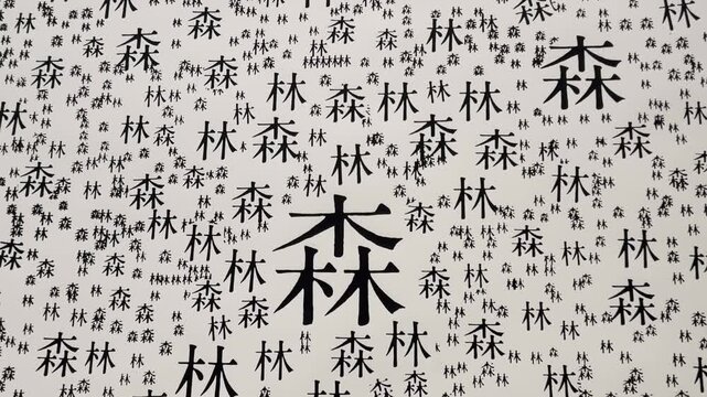 Creative animation showing the formation of the Japanese words for woods and forest, composed of many smaller tree characters, illustrating the concept of nature and growth in a minimalist style