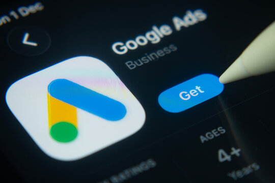 Dhaka, Bangladesh- 01 Dec 2025: A close-up of the Google Ads app icon in the App Store on an iPad screen.