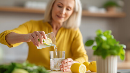 Fototapeta premium Faceless senior woman pouring detox water into a glass in the kitchen after a workout for a post-exercise hydration and wellness concept. Defocused kitchen background. Detox water